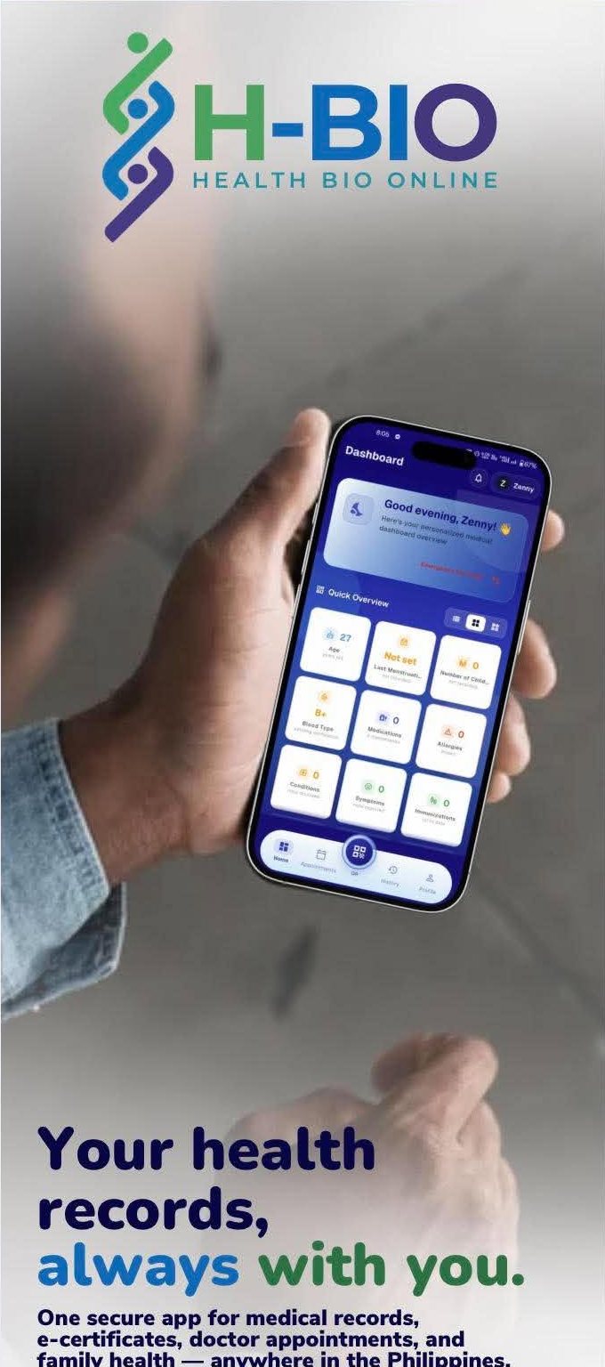 H-BiO app dashboard on a phone — your health records, always with you